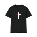 Black t-shirt featuring a minimalist white cross graphic.