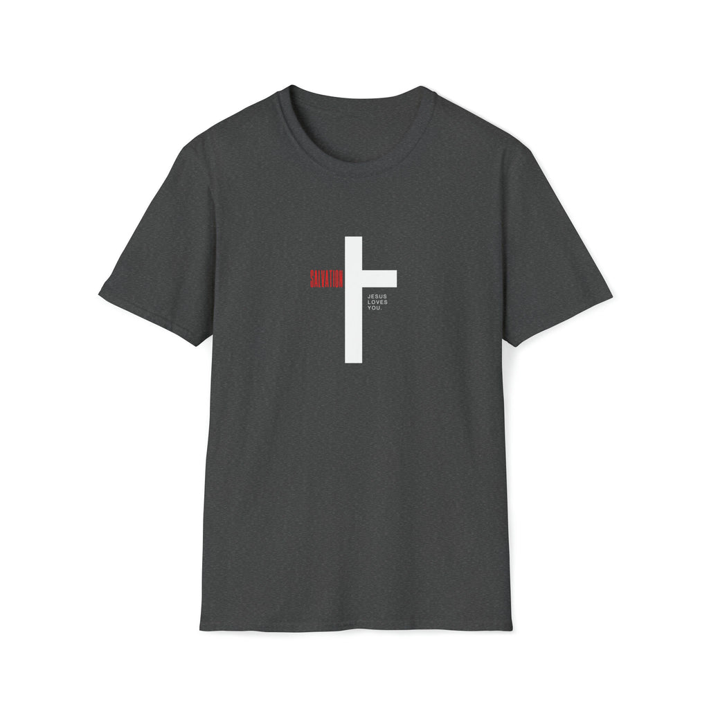 Dark gray t-shirt featuring a minimalist white cross graphic.