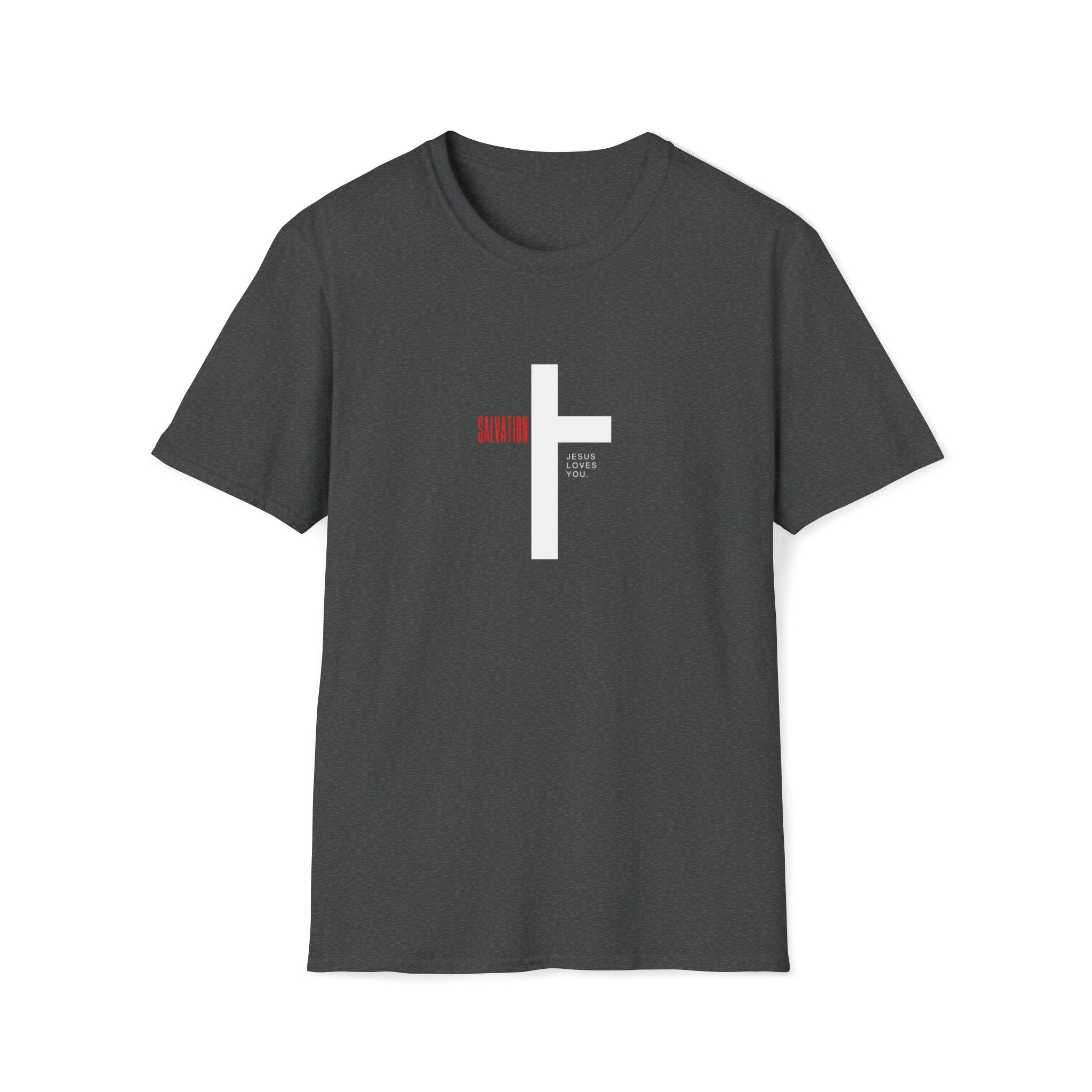 Dark gray t-shirt featuring a minimalist white cross graphic.