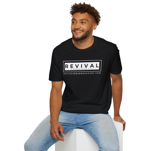 May include: A black t-shirt with a white box that says 'REVIVAL 2 CHRONICLES 7:14' and 'KAYLACABBARMINISTRY.COM'.