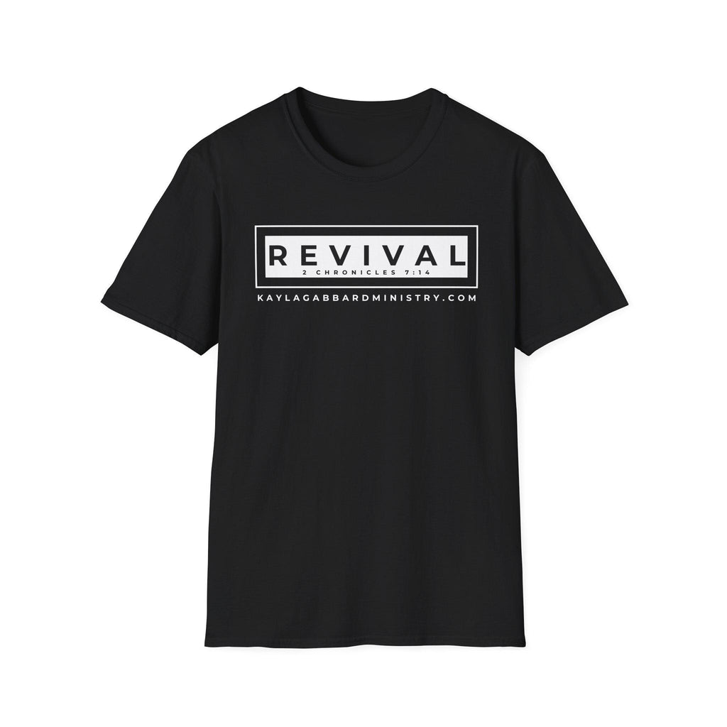 May include: Black t-shirt with a white rectangle on the front. The rectangle contains the text 'REVIVAL 2 CHRONICLES 7:14 KAYLAGABBARDMNISTRY.COM'.