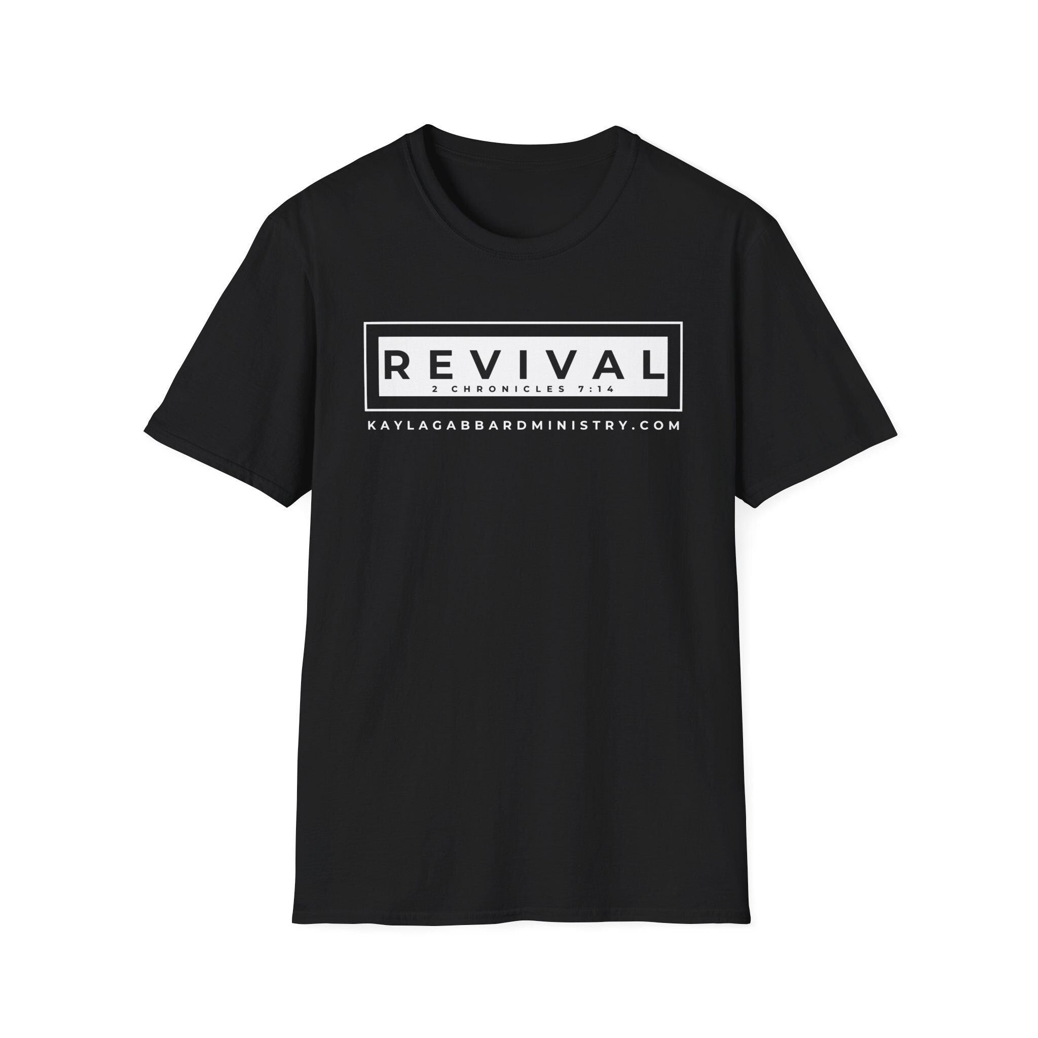 May include: Black t-shirt with a white rectangle on the front. The rectangle contains the text 'REVIVAL 2 CHRONICLES 7:14 KAYLAGABBARDMNISTRY.COM'.