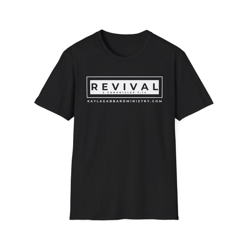 May include: Black t-shirt with a white rectangle on the front. The rectangle contains the text 'REVIVAL 2 CHRONICLES 7:14 KAYLAGABBARDMNISTRY.COM'.