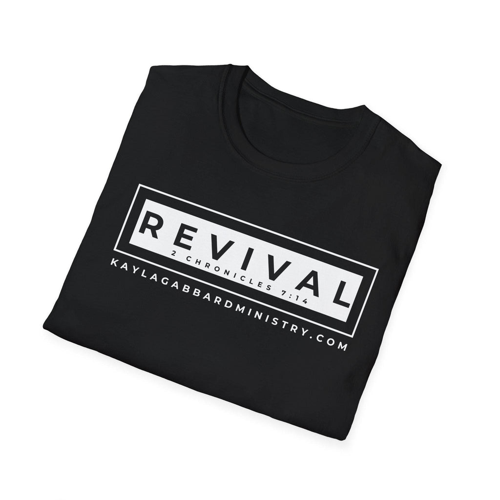 May include: Black t-shirt with white text that reads 'REVIVAL 2 CHRONICLES 7:14 KAYLAGABBARDMNISTRY.COM'.