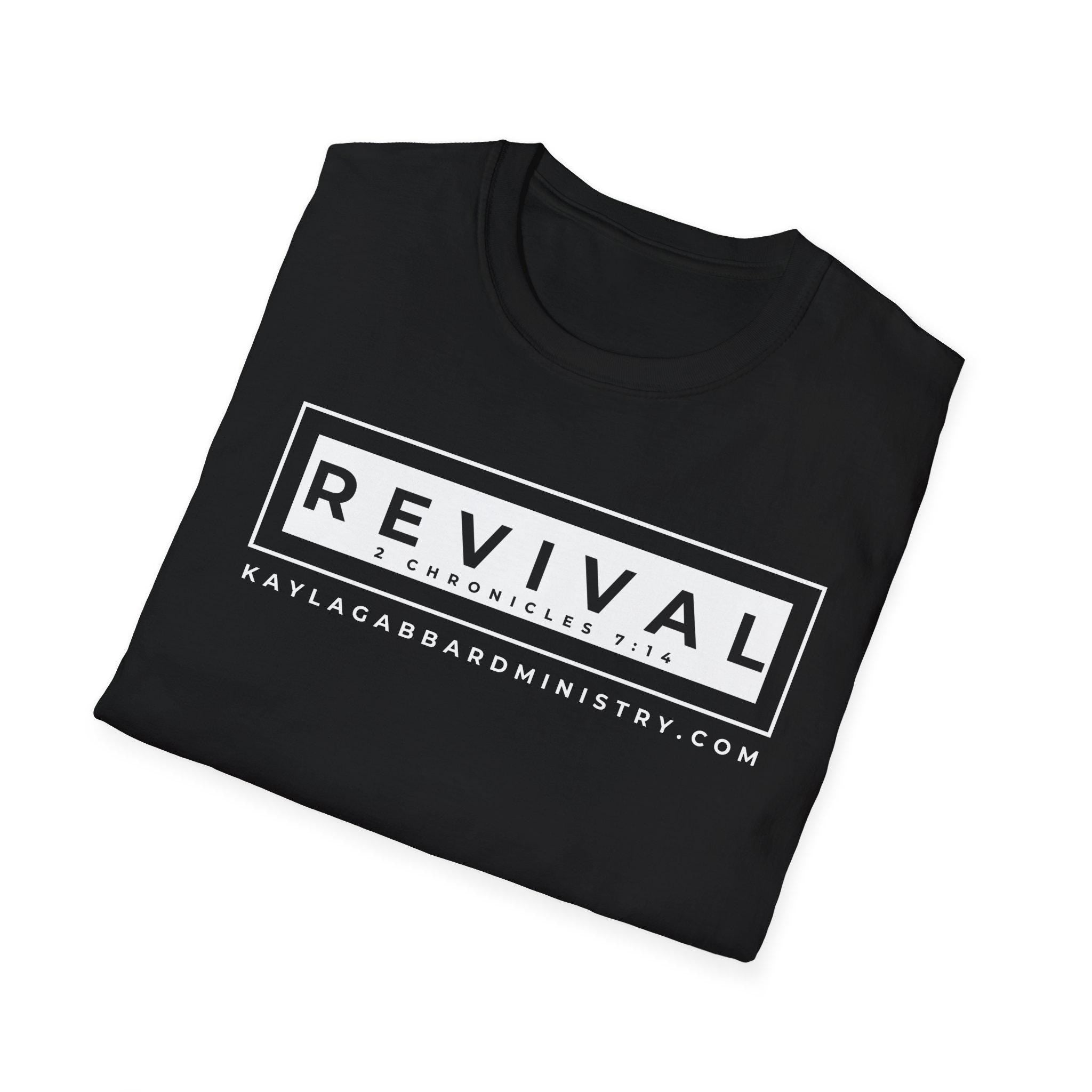 May include: Black t-shirt with white text that reads 'REVIVAL 2 CHRONICLES 7:14 KAYLAGABBARDMNISTRY.COM'.
