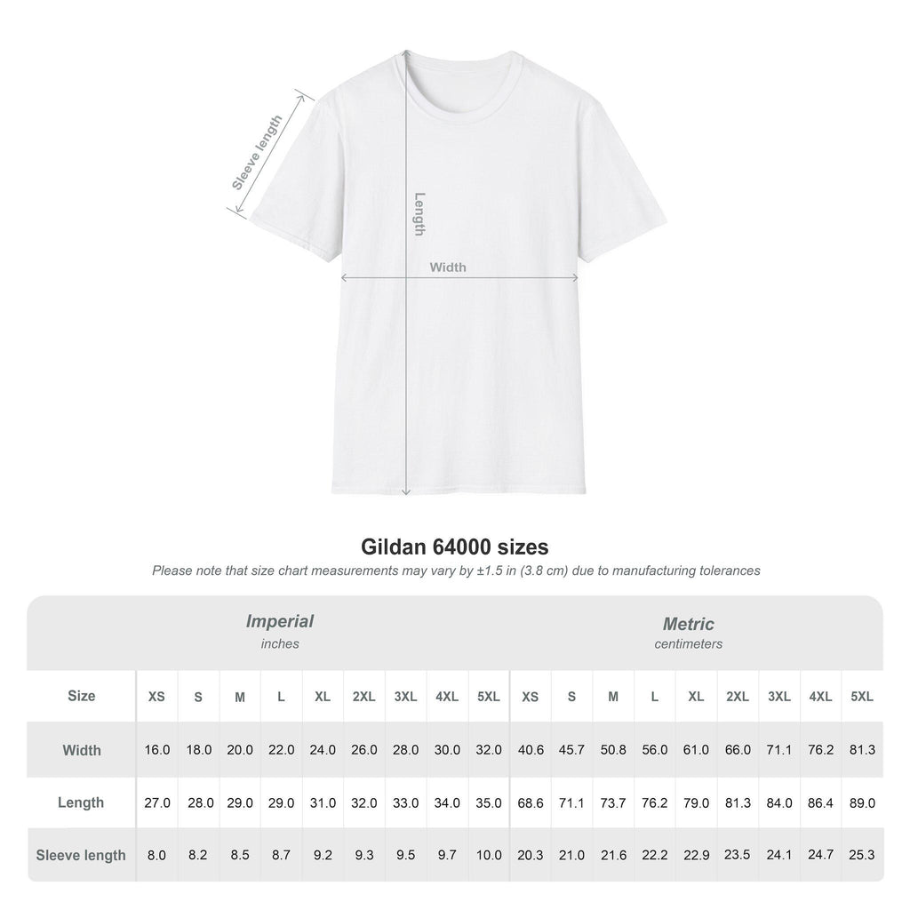 May include: A size chart for Gildan 64000 t-shirts. The chart shows the measurements in inches and centimeters for different sizes, including XS, S, M, L, XL, 2XL, 3XL, 4XL, and 5XL. The measurements include width, length, and sleeve length.