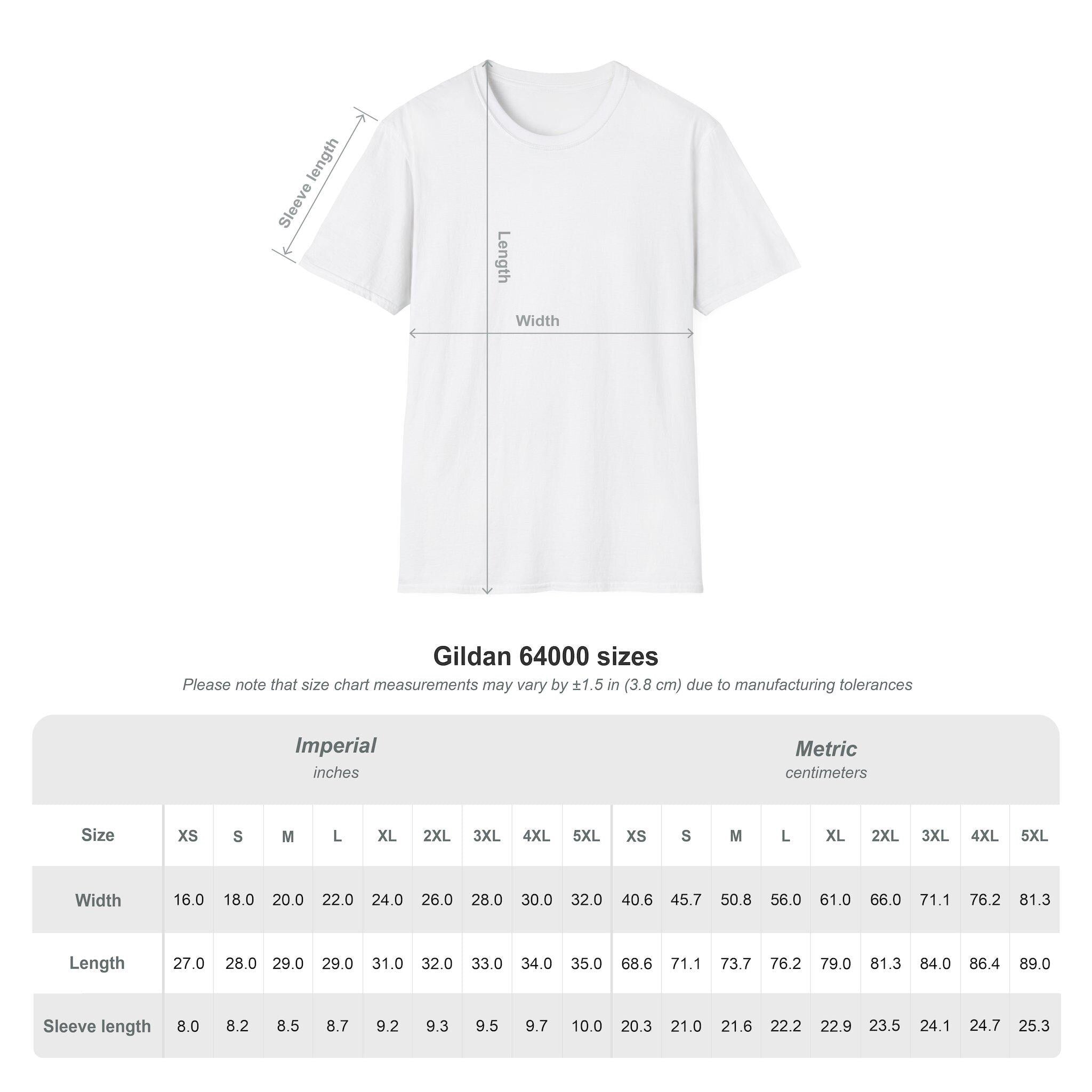 May include: A size chart for Gildan 64000 t-shirts. The chart shows the measurements in inches and centimeters for different sizes, including XS, S, M, L, XL, 2XL, 3XL, 4XL, and 5XL. The measurements include width, length, and sleeve length.